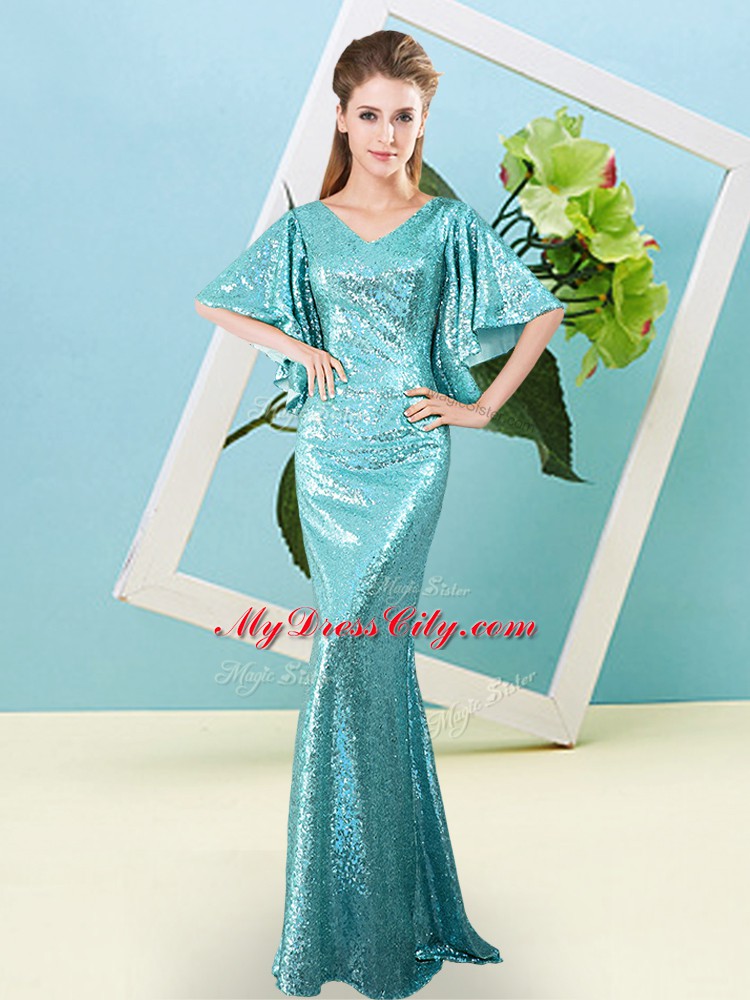 Nice Half Sleeves Zipper Floor Length Sequins Prom Party Dress