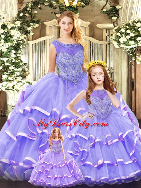 Simple Floor Length Lavender Sweet 16 Dress Organza Sleeveless Beading and Ruffled Layers