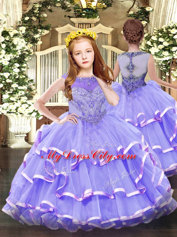 Simple Floor Length Lavender Sweet 16 Dress Organza Sleeveless Beading and Ruffled Layers