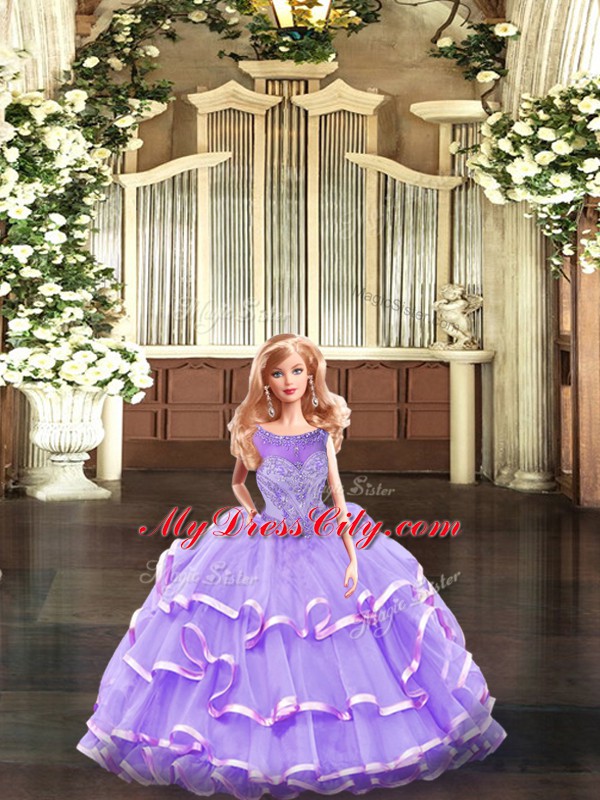 Simple Floor Length Lavender Sweet 16 Dress Organza Sleeveless Beading and Ruffled Layers