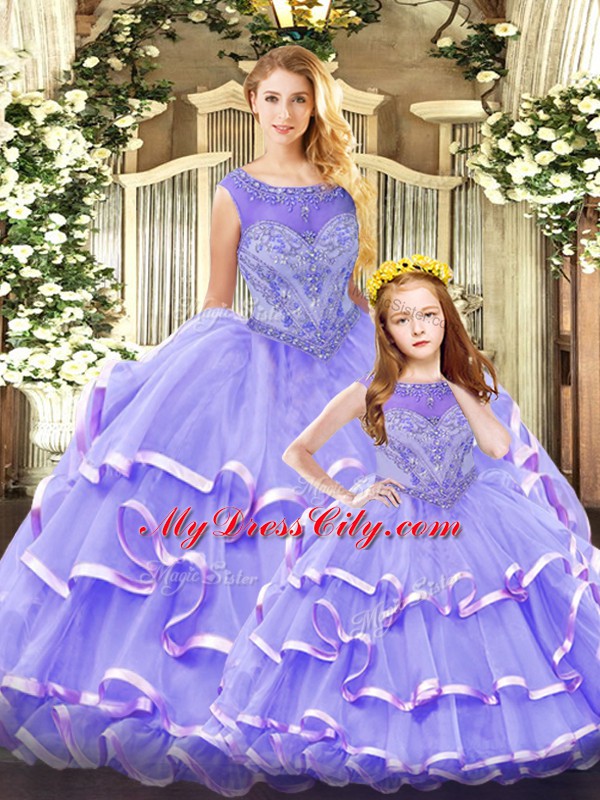 Simple Floor Length Lavender Sweet 16 Dress Organza Sleeveless Beading and Ruffled Layers