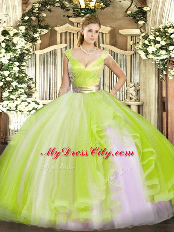 Colorful Floor Length Yellow Green Ball Gown Prom Dress V-neck Sleeveless Zipper