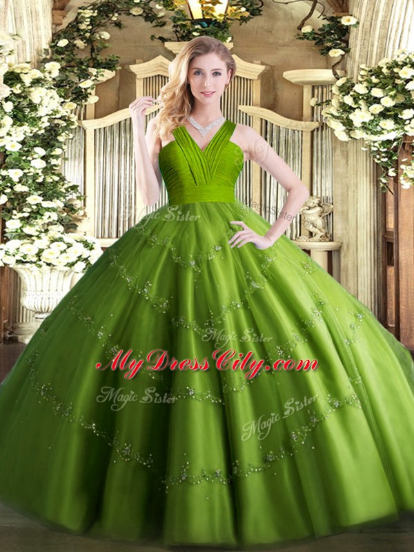 Olive Green Zipper V-neck Beading Sweet 16 Dress Tulle Sleeveless