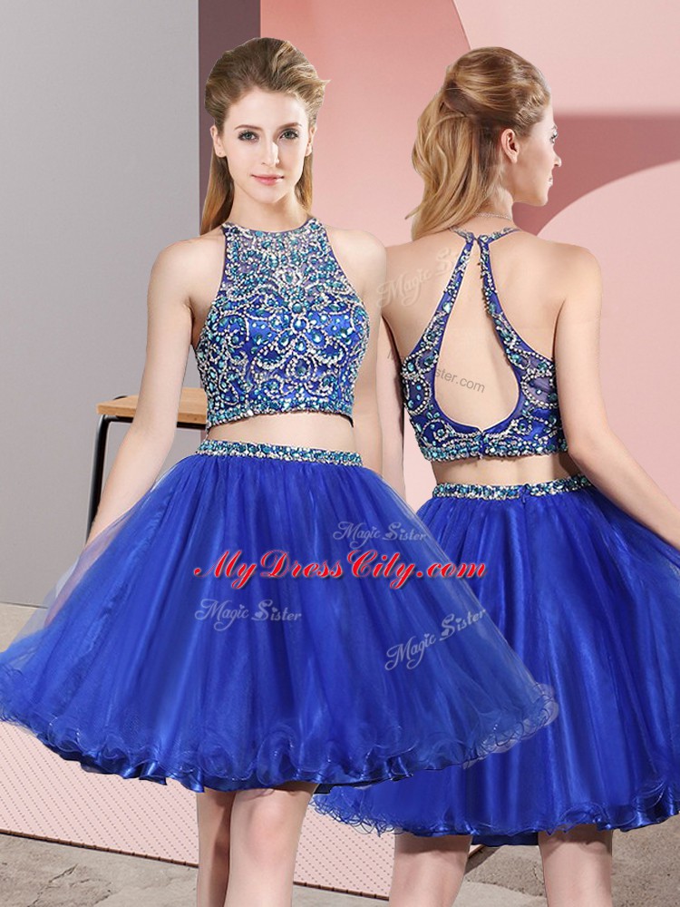 Royal Blue Backless Scoop Beading Dama Dress for Quinceanera Tulle Sleeveless