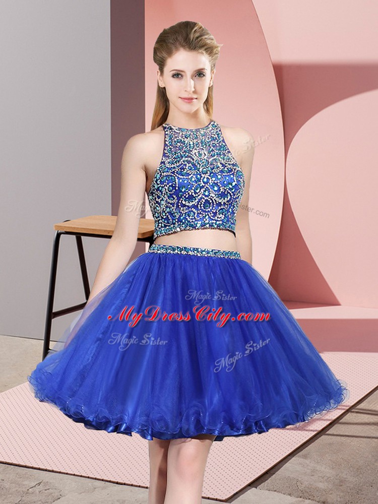 Royal Blue Backless Scoop Beading Dama Dress for Quinceanera Tulle Sleeveless