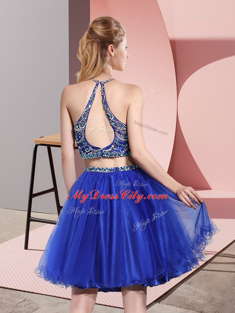 Royal Blue Backless Scoop Beading Dama Dress for Quinceanera Tulle Sleeveless