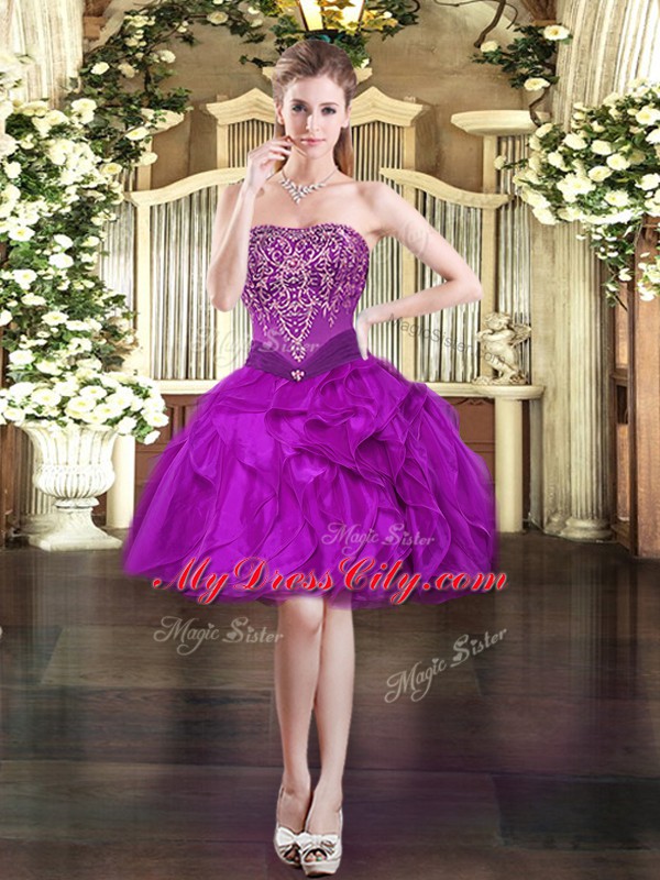 Super Mini Length Purple Homecoming Dress Strapless Sleeveless Lace Up