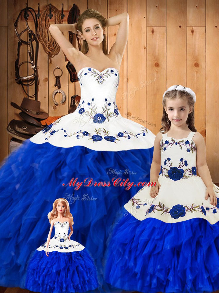 Blue And White Sweetheart Lace Up Embroidery and Ruffles Ball Gown Prom Dress Sleeveless