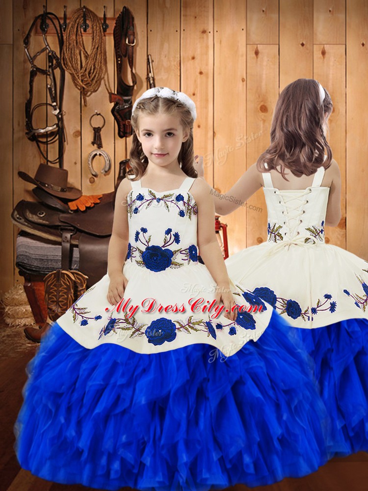 Blue And White Sweetheart Lace Up Embroidery and Ruffles Ball Gown Prom Dress Sleeveless