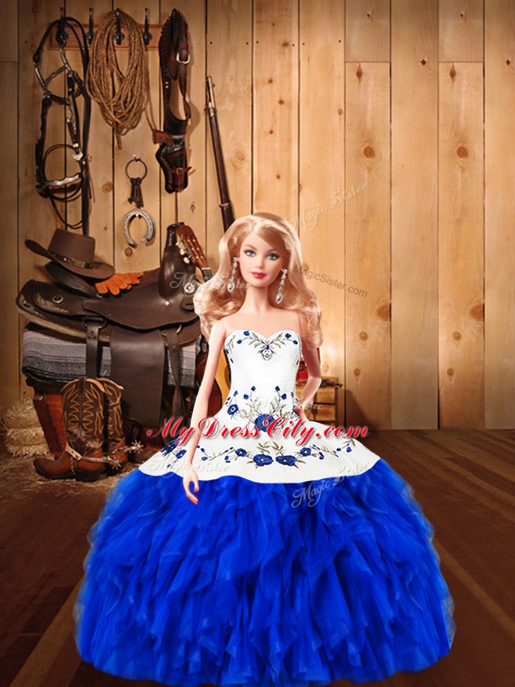 Blue And White Sweetheart Lace Up Embroidery and Ruffles Ball Gown Prom Dress Sleeveless