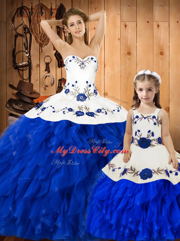 Blue And White Sweetheart Lace Up Embroidery and Ruffles Ball Gown Prom Dress Sleeveless