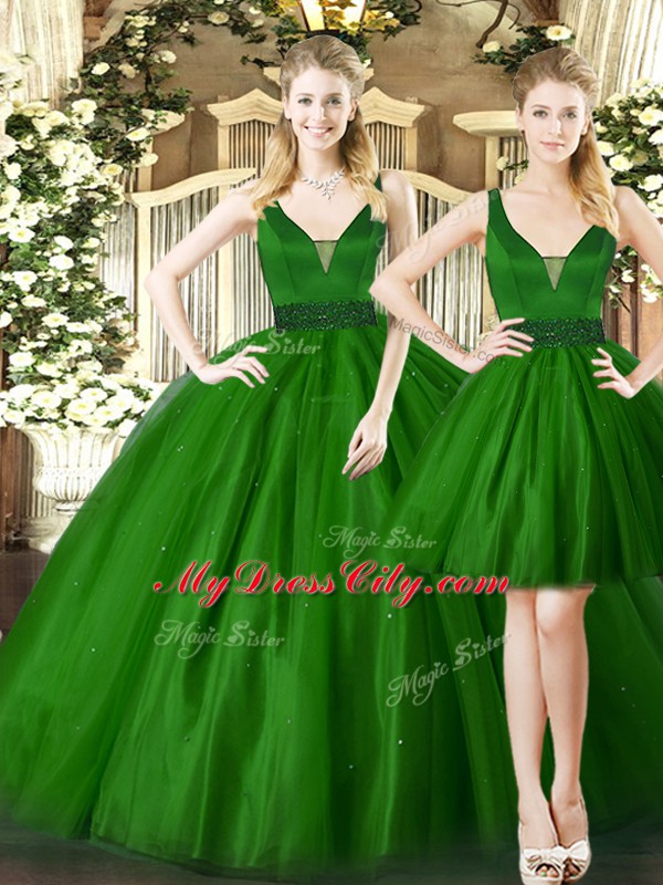 Sophisticated Dark Green Lace Up Vestidos de Quinceanera Ruching Sleeveless Floor Length