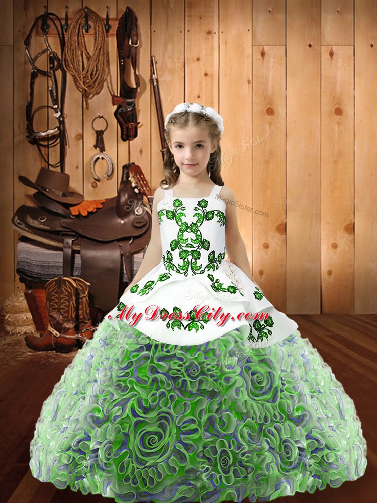 Gorgeous Multi-color Fabric With Rolling Flowers Lace Up Straps Sleeveless Floor Length Child Pageant Dress Embroidery and Ruffles