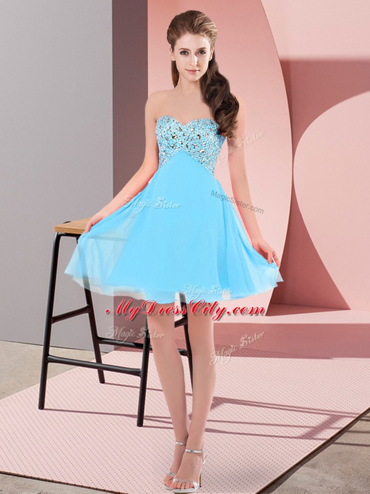 Flirting Aqua Blue Chiffon Lace Up Prom Evening Gown Sleeveless Mini Length Beading