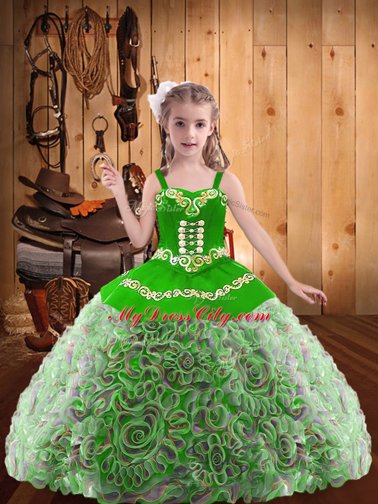 Exquisite Multi-color Ball Gowns Fabric With Rolling Flowers Straps Sleeveless Embroidery and Ruffles Floor Length Lace Up Little Girl Pageant Dress