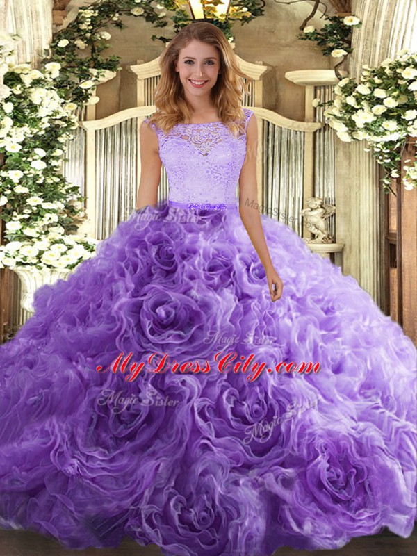 Comfortable Lavender Zipper Scoop Lace Quinceanera Dress Fabric With Rolling Flowers Sleeveless