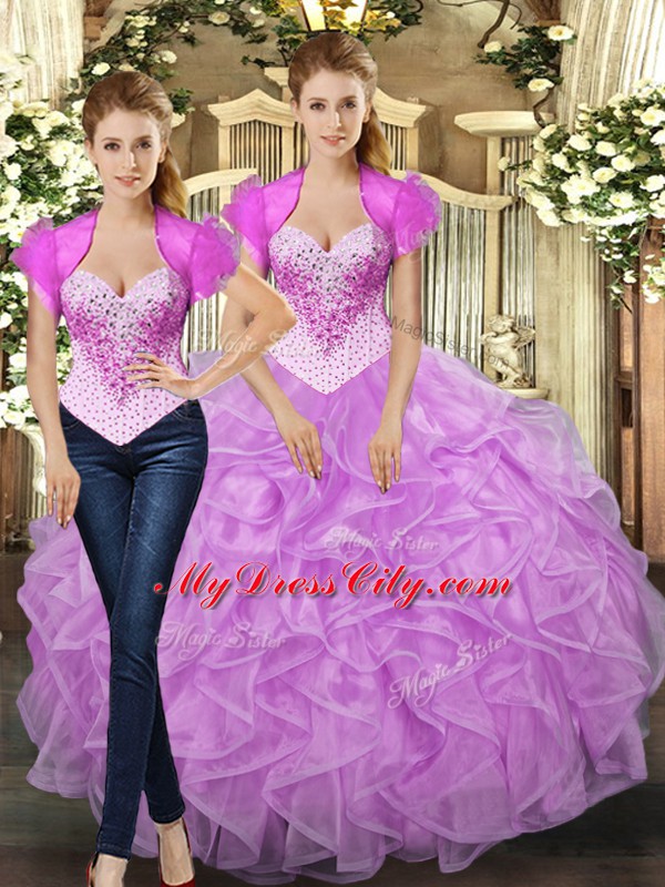 Romantic Floor Length Lilac Sweet 16 Dresses Tulle Sleeveless Beading and Ruffles