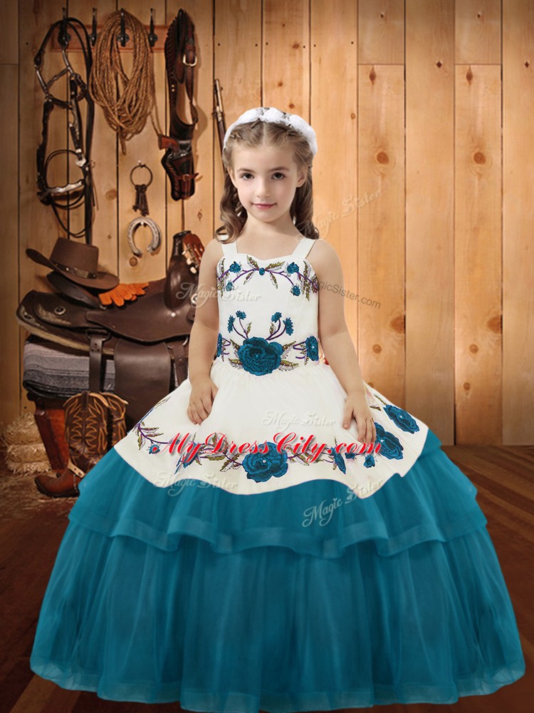 Most Popular Teal Organza Lace Up Straps Sleeveless Floor Length Little Girls Pageant Dress Wholesale Embroidery and Ruffled Layers