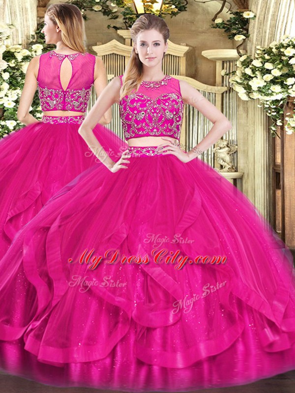 Tulle Scoop Sleeveless Zipper Beading and Ruffles Quinceanera Gowns in Hot Pink