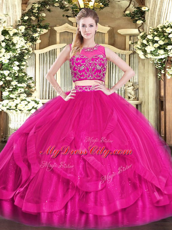 Tulle Scoop Sleeveless Zipper Beading and Ruffles Quinceanera Gowns in Hot Pink