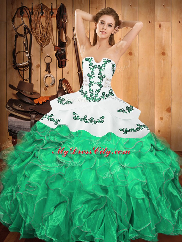 Sleeveless Satin and Organza Floor Length Lace Up Quinceanera Gown in Turquoise with Embroidery and Ruffles