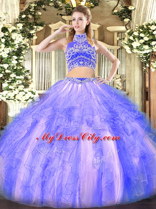 Luxurious Floor Length Backless 15th Birthday Dress Lavender for Military Ball and Sweet 16 and Quinceanera with Beading and Ruffles