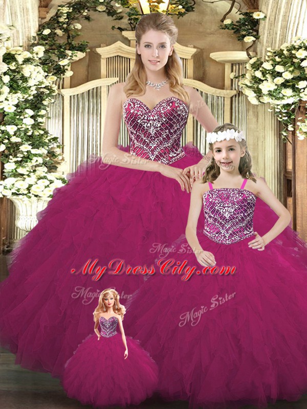 Fuchsia Sweetheart Lace Up Beading and Ruffles 15th Birthday Dress Sleeveless