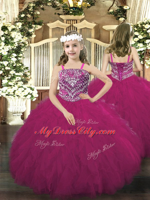 Fuchsia Sweetheart Lace Up Beading and Ruffles 15th Birthday Dress Sleeveless