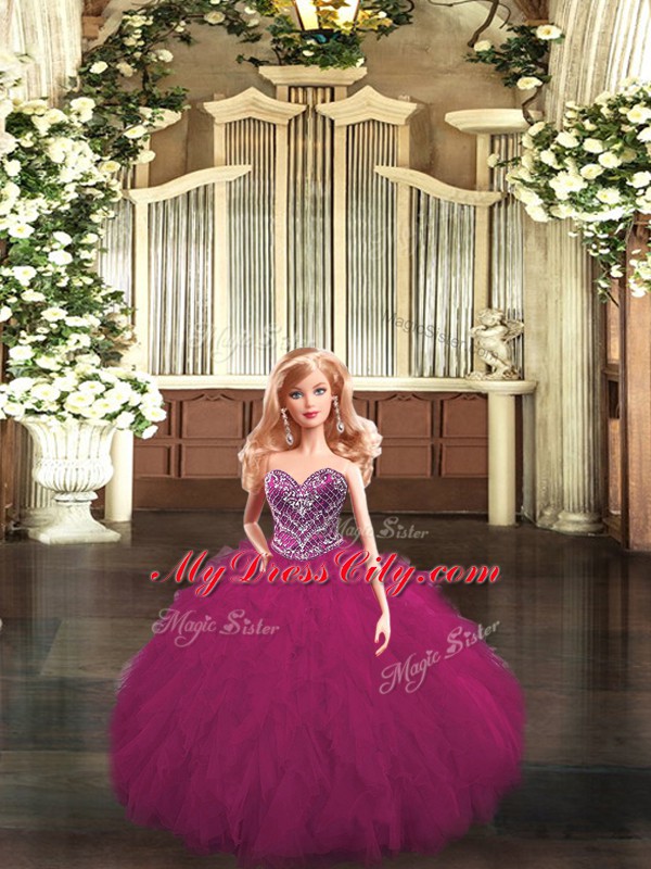 Fuchsia Sweetheart Lace Up Beading and Ruffles 15th Birthday Dress Sleeveless