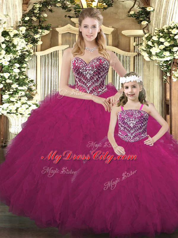 Fuchsia Sweetheart Lace Up Beading and Ruffles 15th Birthday Dress Sleeveless