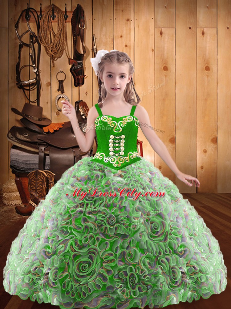 Multi-color Fabric With Rolling Flowers Lace Up Straps Sleeveless Floor Length Kids Formal Wear Embroidery and Ruffles