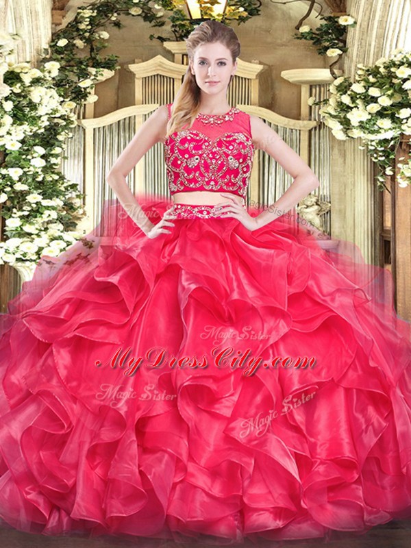 Vintage Red Scoop Neckline Beading and Ruffles Quinceanera Gown Sleeveless Zipper