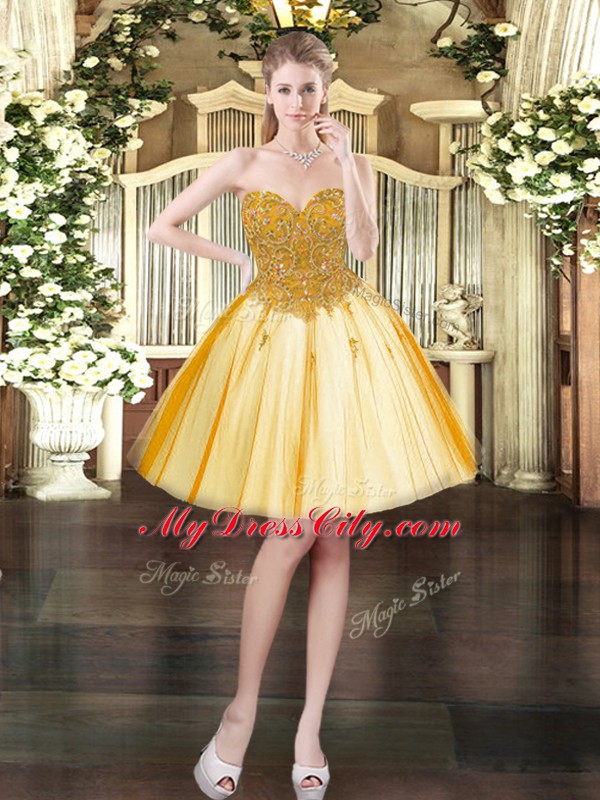 Gold Tulle Lace Up Sweetheart Sleeveless Mini Length Prom Evening Gown Beading