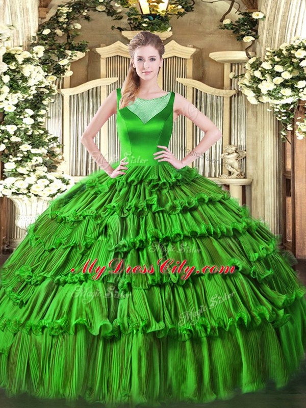 Green Ball Gowns Beading and Ruffled Layers Quinceanera Gowns Side Zipper Organza Sleeveless Floor Length