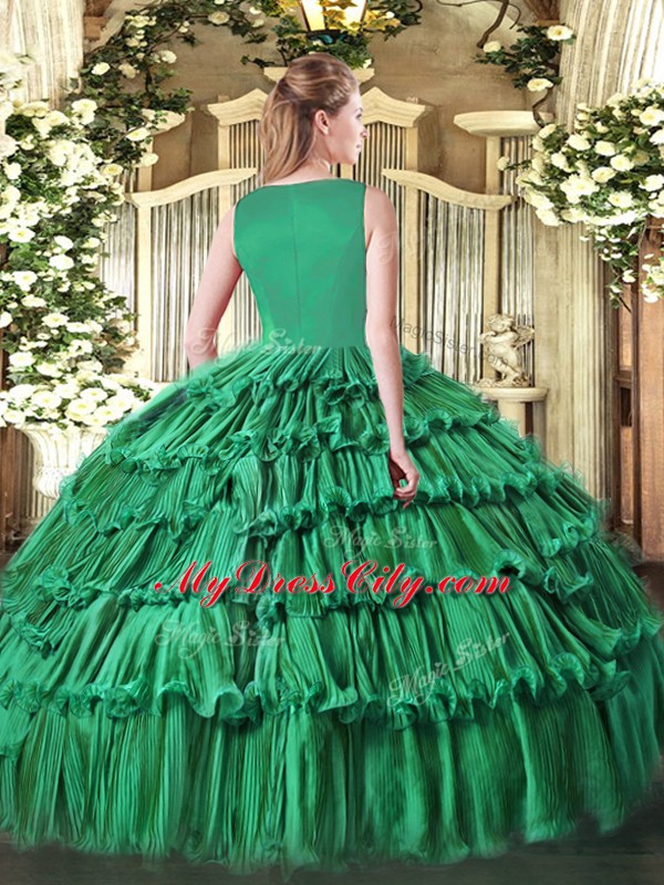 Green Ball Gowns Beading and Ruffled Layers Quinceanera Gowns Side Zipper Organza Sleeveless Floor Length