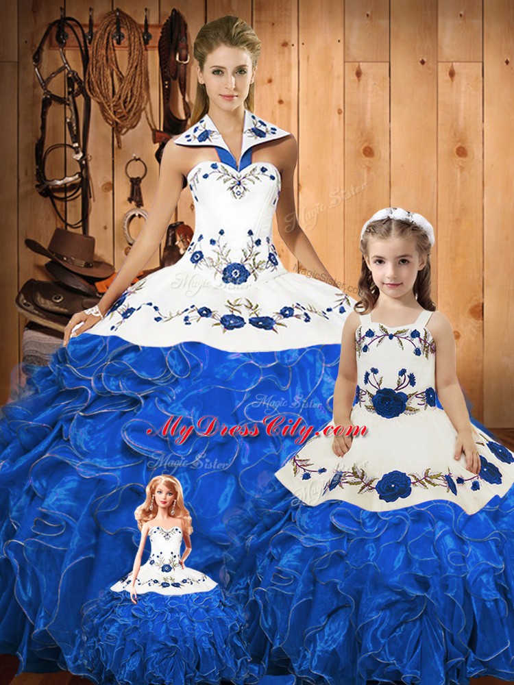 Floor Length Blue 15th Birthday Dress Halter Top Sleeveless Lace Up