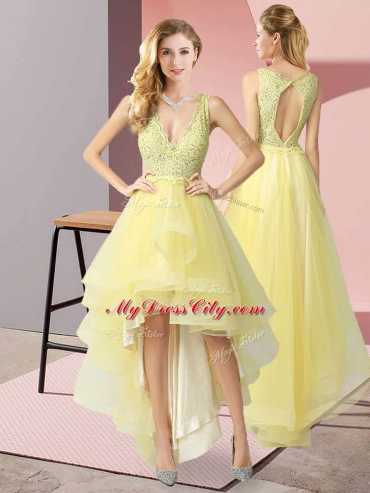 Affordable Yellow A-line Tulle V-neck Sleeveless Beading and Lace High Low Backless Wedding Guest Dresses