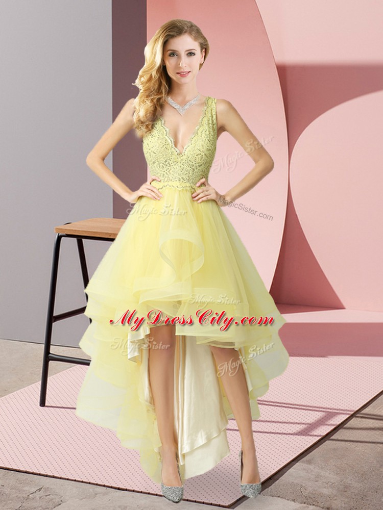 Affordable Yellow A-line Tulle V-neck Sleeveless Beading and Lace High Low Backless Wedding Guest Dresses