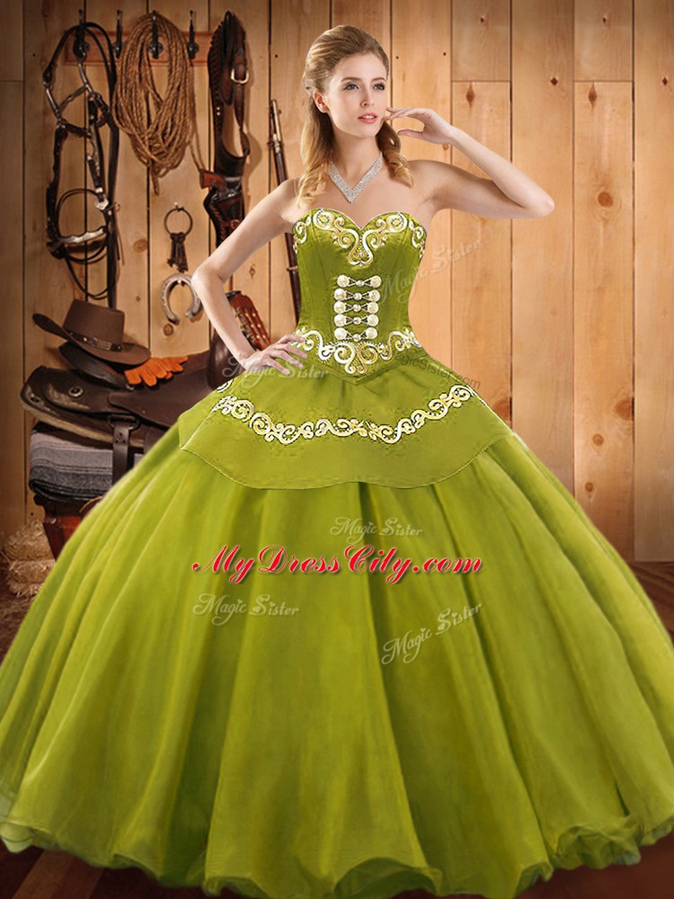 Olive Green Ball Gowns Ruffles Quince Ball Gowns Lace Up Tulle Sleeveless Floor Length