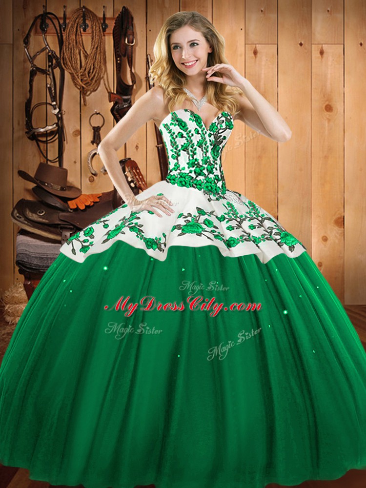 Cheap Dark Green Ball Gowns Embroidery Ball Gown Prom Dress Lace Up Satin and Tulle Sleeveless Floor Length