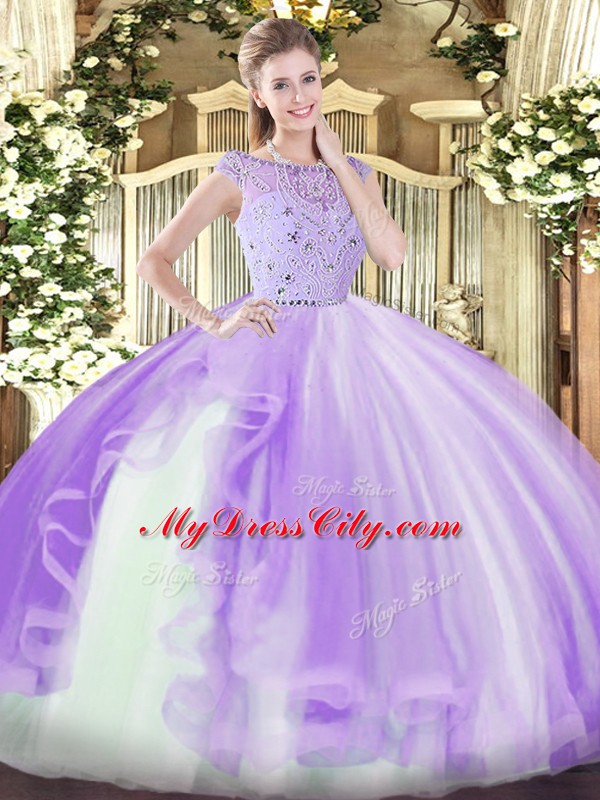 Sleeveless Floor Length Beading and Ruffles Zipper 15 Quinceanera Dress with Lavender