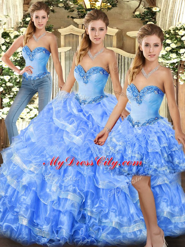 Sweetheart Sleeveless Quince Ball Gowns Floor Length Beading and Ruffles Light Blue Organza