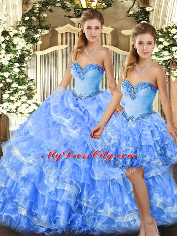 Sweetheart Sleeveless Quince Ball Gowns Floor Length Beading and Ruffles Light Blue Organza