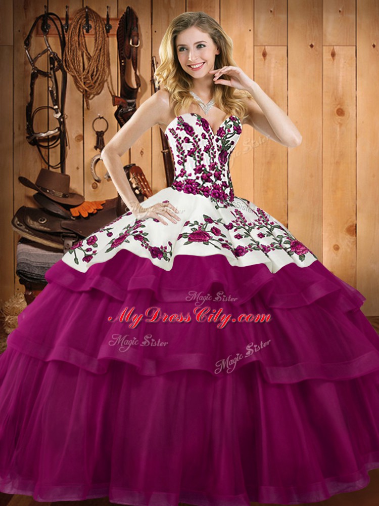 Sleeveless Organza Floor Length Lace Up Sweet 16 Dresses in Fuchsia with Embroidery