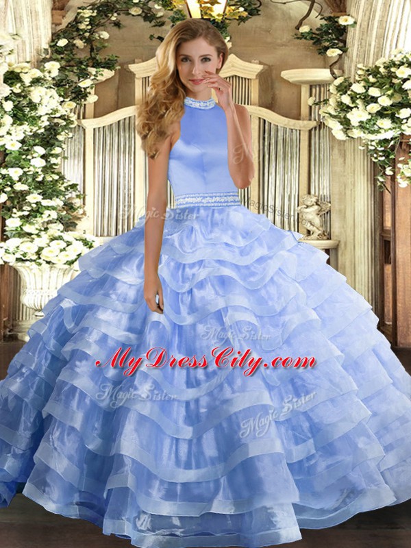 Flirting Blue Backless 15 Quinceanera Dress Beading and Ruffled Layers Sleeveless Floor Length