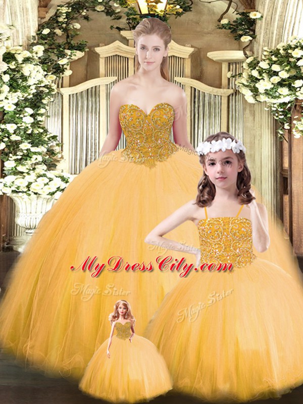 Best Selling Gold Tulle Lace Up 15 Quinceanera Dress Sleeveless Floor Length Beading