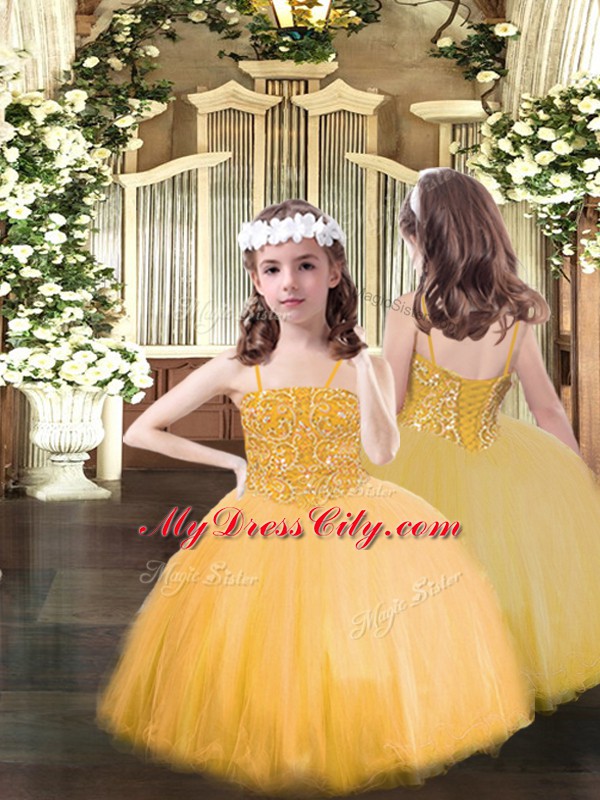 Best Selling Gold Tulle Lace Up 15 Quinceanera Dress Sleeveless Floor Length Beading