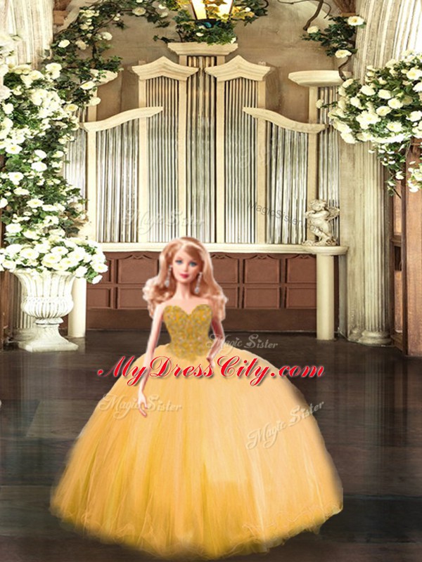 Best Selling Gold Tulle Lace Up 15 Quinceanera Dress Sleeveless Floor Length Beading