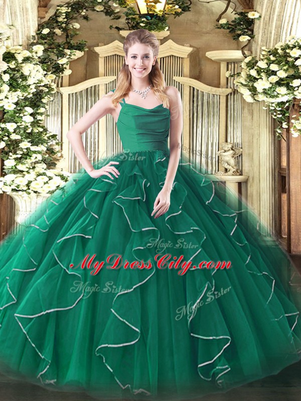 Chic Peacock Green Straps Zipper Ruffles Quinceanera Gown Sleeveless