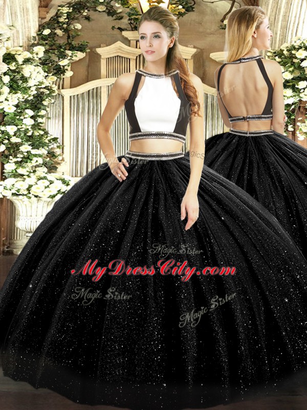 Black Halter Top Neckline Ruching Quince Ball Gowns Sleeveless Backless